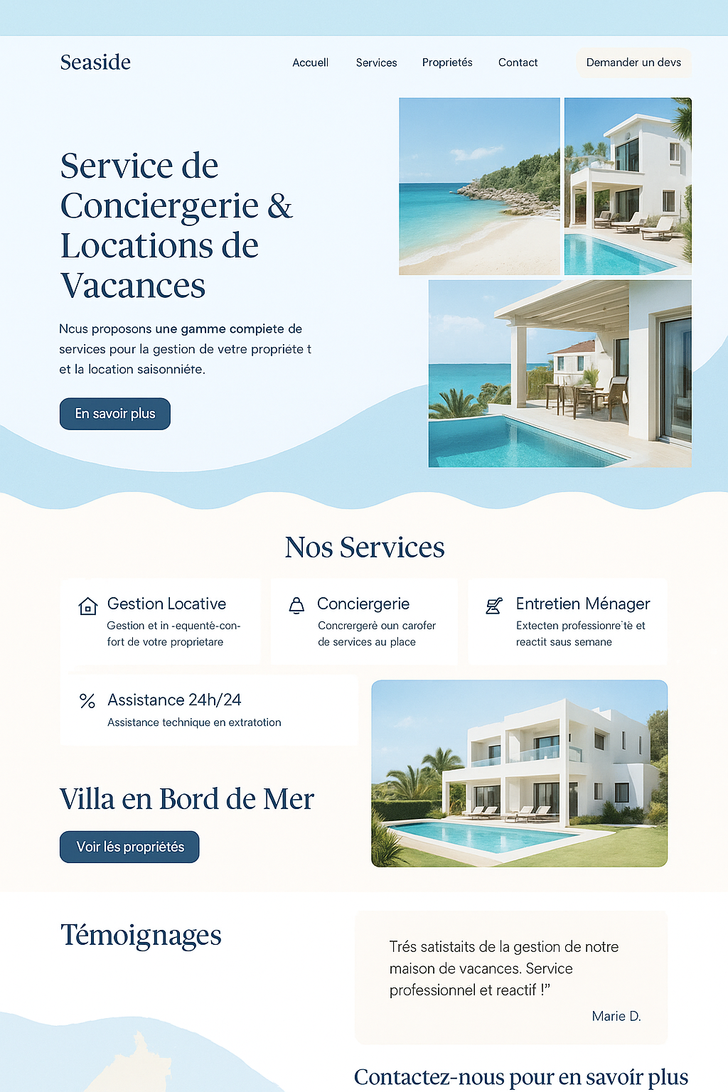 Maquette de site vitrine en bleu clair avec villa en bord de mer.