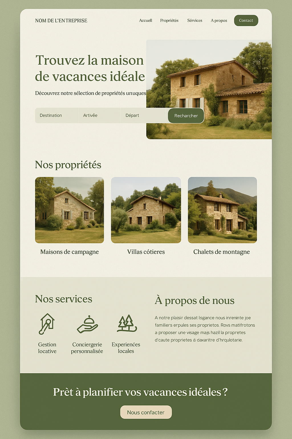 Maquette de site vitrine nature en vert et beige.