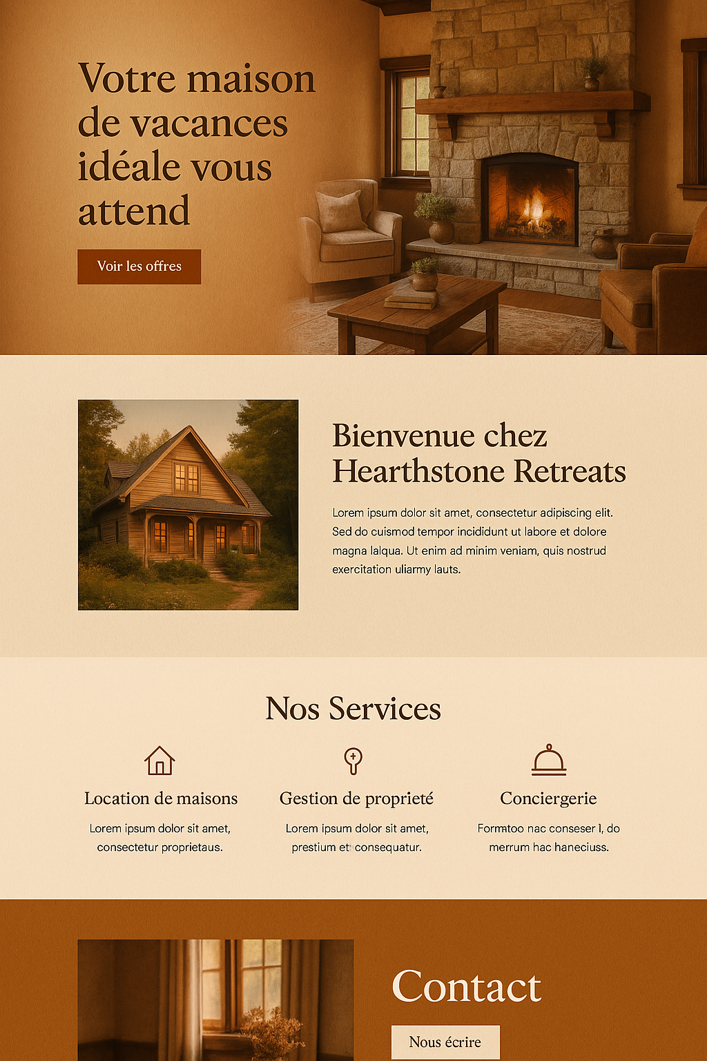 Maquette de site vitrine chaleureux en beige et brun avec maison de campagne.